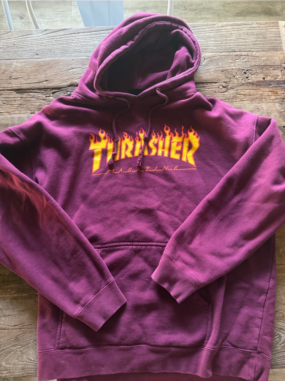 Thrasher Burgundy Hooded Sweatshirt with Yellow Flame Logo